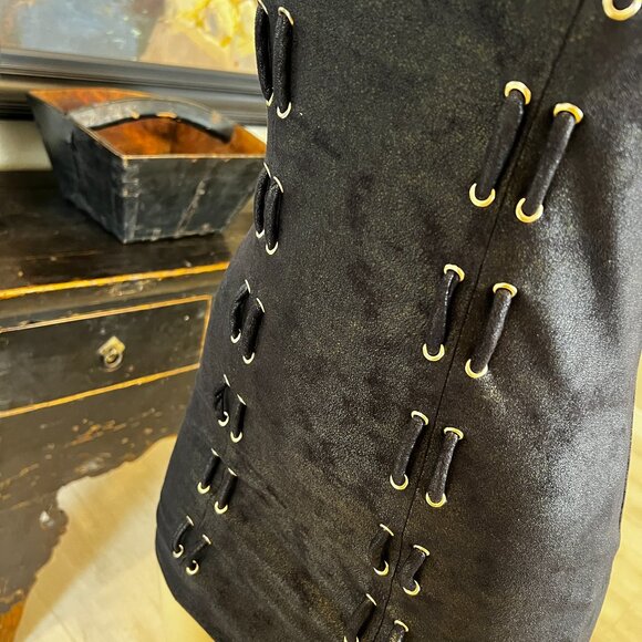 bebe black hi collared bandage dress with brass back zipper & front grommets - Picture 5 of 6